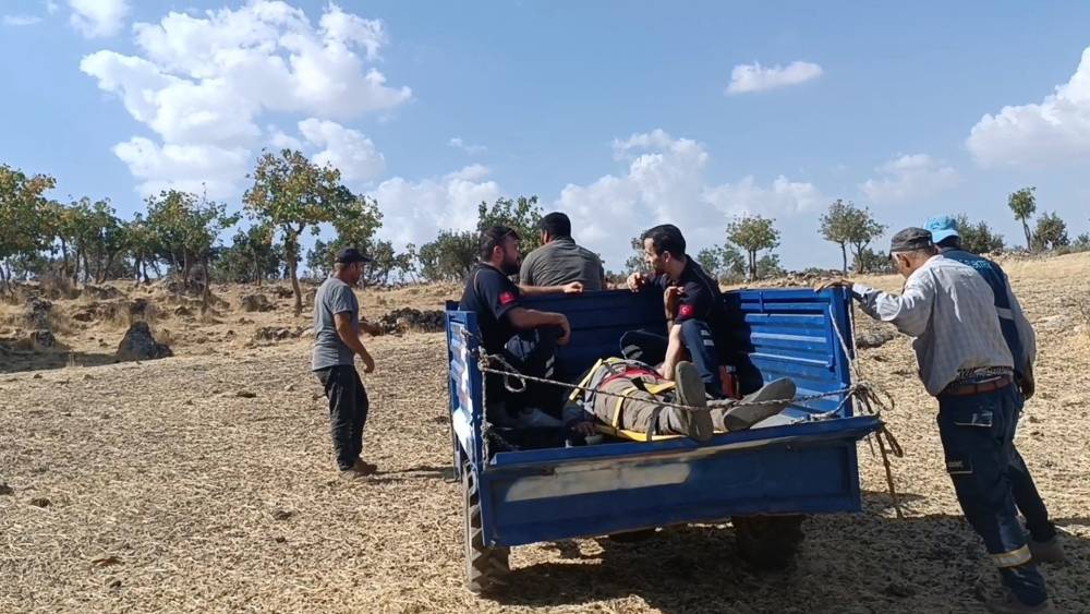 Ağaçtan düşen çiftçi patpatla ambulansa taşındı